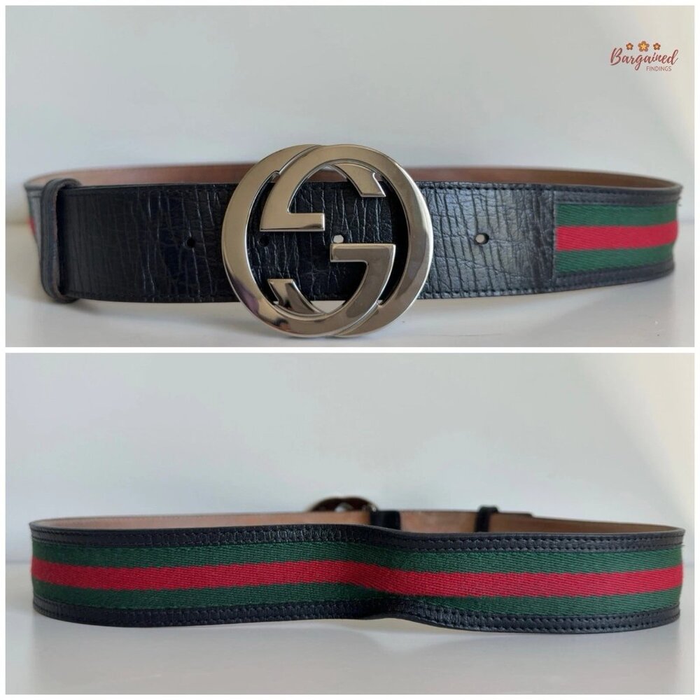 Authentic Gucci Web Green/Red Canvas Silver Interlocking G Buckle Belt 95/38 - Picture 5 of 14